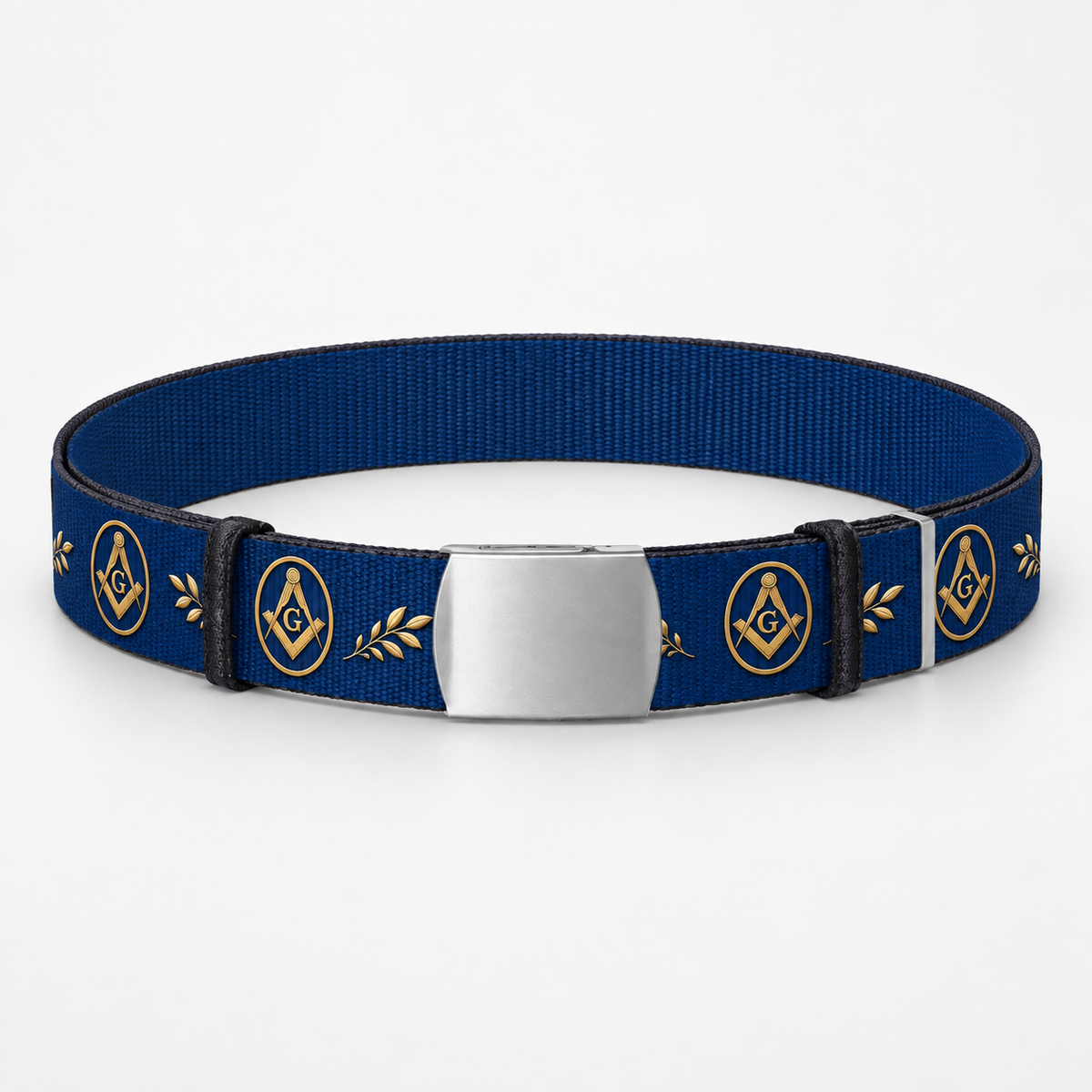 Master Mason Blue Lodge Belt - Blue Webbing With Gold Square & Compass Acacia Leaves - Bricks Masons