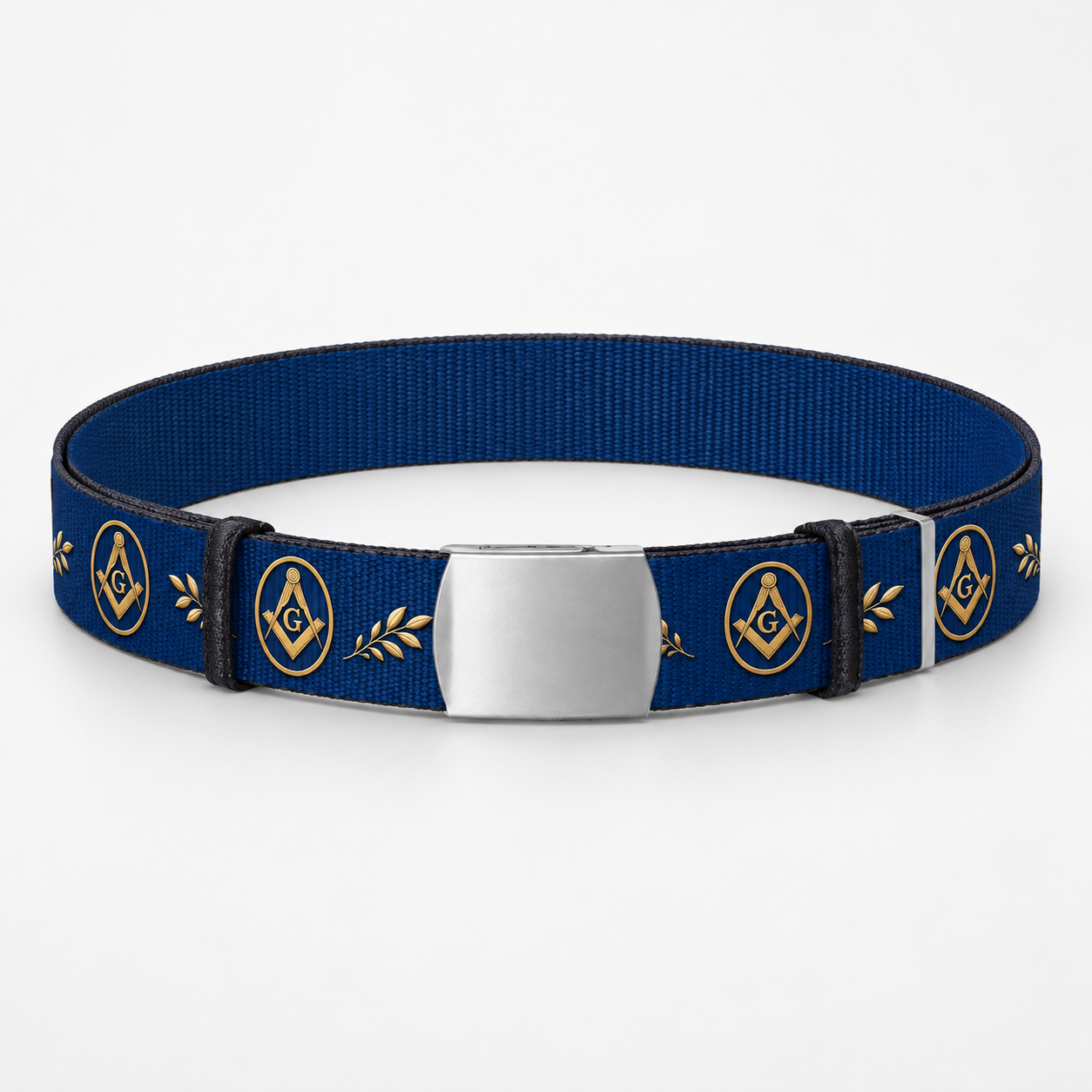 Master Mason Blue Lodge Belt - Blue Webbing With Gold Square & Compass Acacia Leaves