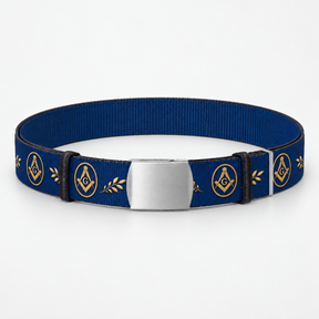 Master Mason Blue Lodge Belt - Blue Webbing With Gold Square & Compass Acacia Leaves