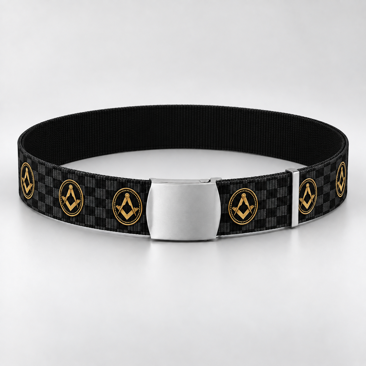 Master Mason Blue Lodge Belt - Black Webbing Checkered Floor With Square & Compass