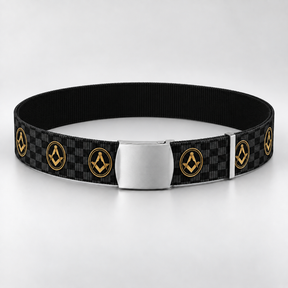 Master Mason Blue Lodge Belt - Black Webbing Checkered Floor With Square & Compass