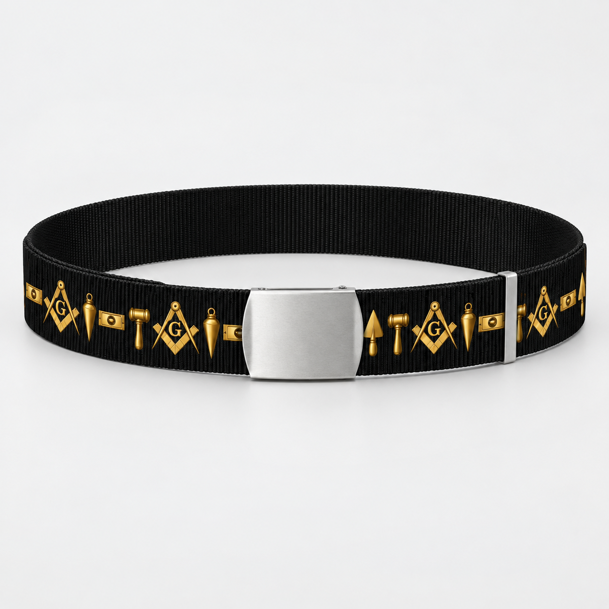 Master Mason Blue Lodge Belt - Black Webbing Fabric With Working Masonic Tools