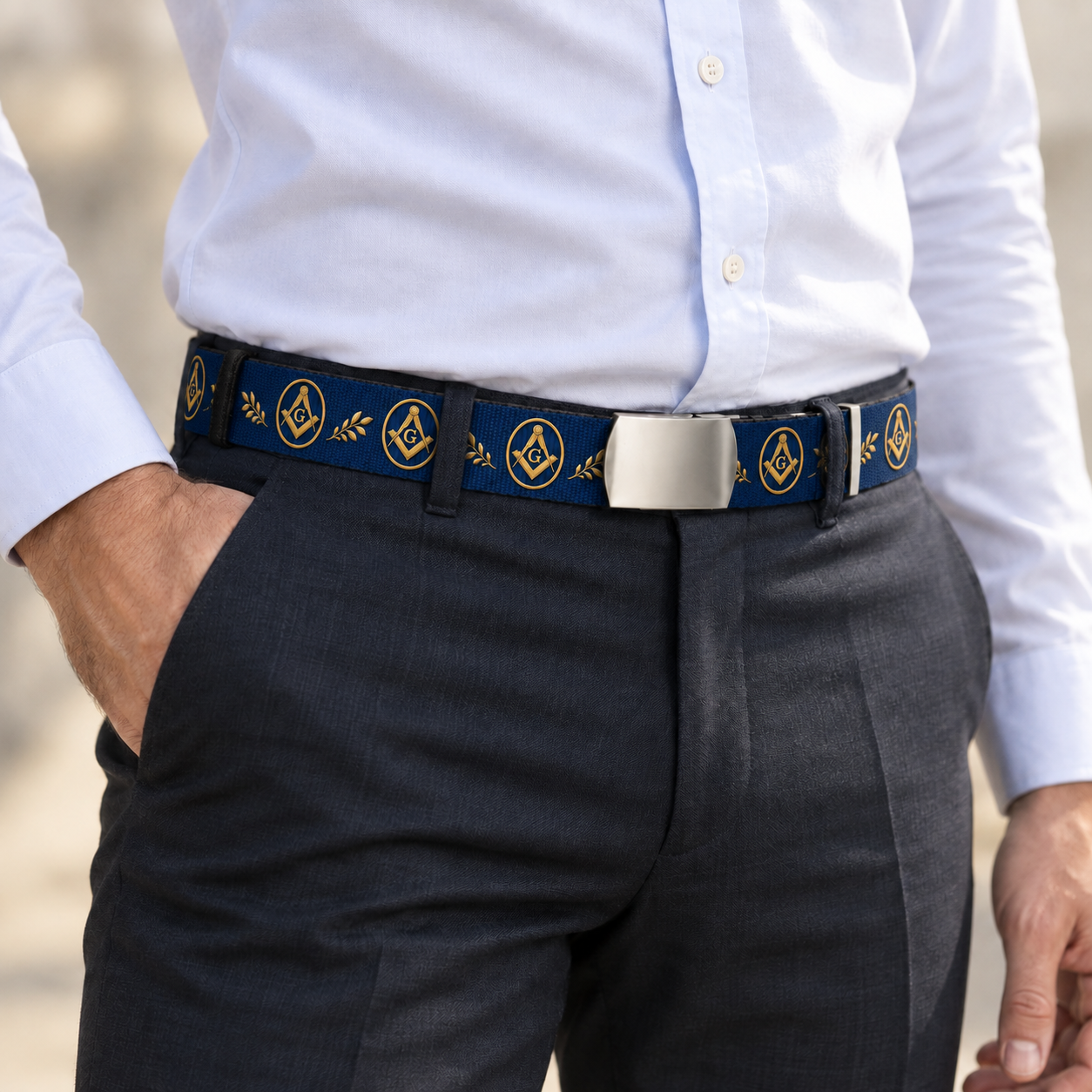 Master Mason Blue Lodge Belt - Blue Webbing With Gold Square & Compass Acacia Leaves