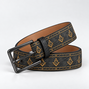 Master Mason Blue Lodge Belt - Genuine Leather Checkered Floor With Square & Compass G