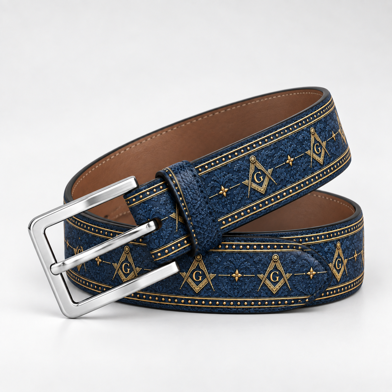 Master Mason Blue Lodge Belt - Blue Genuine Leather With Gold Square & Compass G