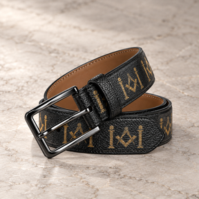 Master Mason Blue Lodge Belt - Genuine Leather Gold Square & Compass With Pillars
