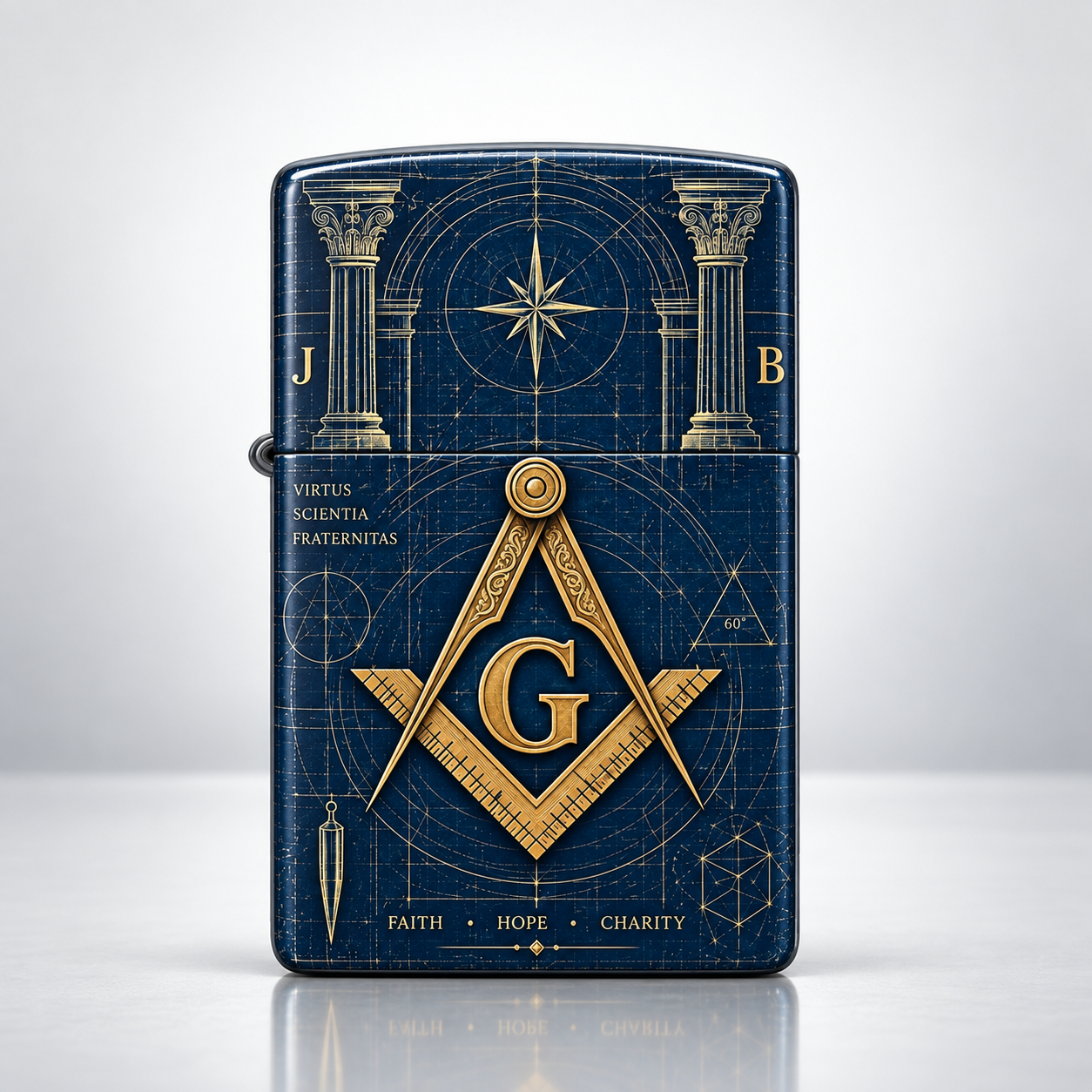 Master Mason Blue Lodge Lighter - Blue Matte Gold Square & Compass With Pillars Zippo®