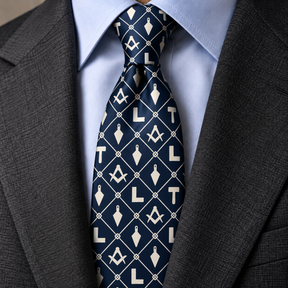 Master Mason Blue Lodge Necktie - Premium Satin Square & Compass With Masonic Working Tools - Bricks Masons