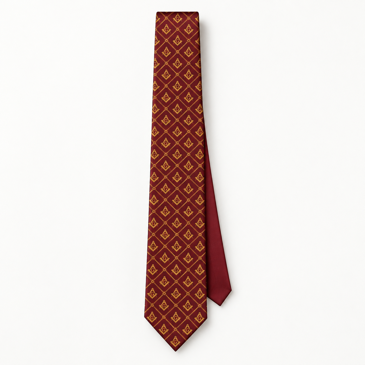 Master Mason Blue Lodge Necktie - Burgundy Premium Satin With Gold Square & Compass - Bricks Masons