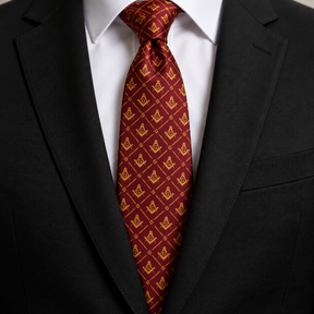 Master Mason Blue Lodge Necktie - Burgundy Premium Satin With Gold Square & Compass - Bricks Masons