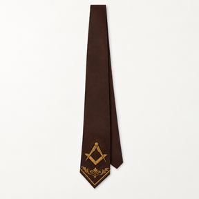 Master Mason Blue Lodge Necktie - Brown Premium Satin With Gold Square & Compass - Bricks Masons