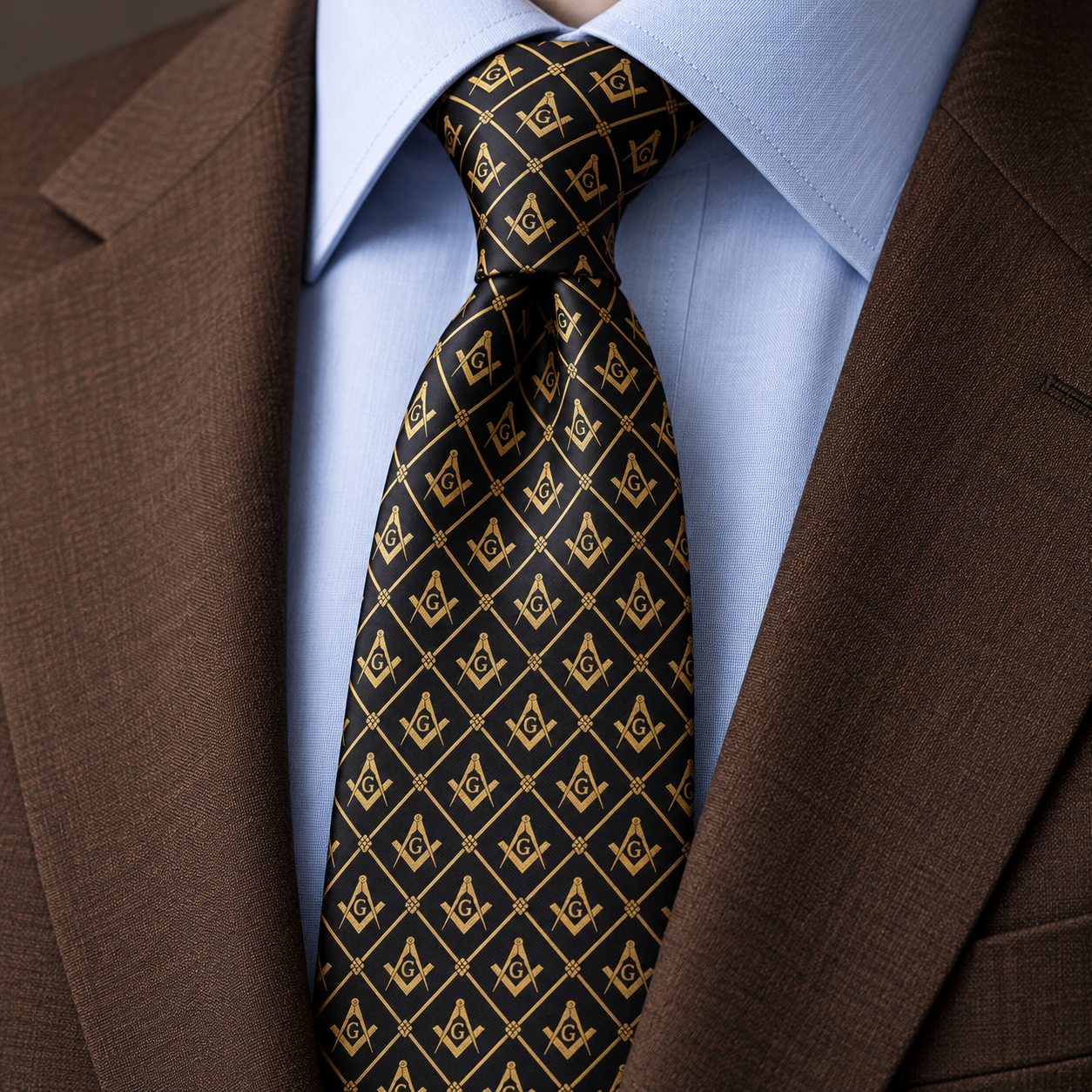 Master Mason Blue Lodge Necktie - Black Premium Satin With Gold Square & Compass G - Bricks Masons