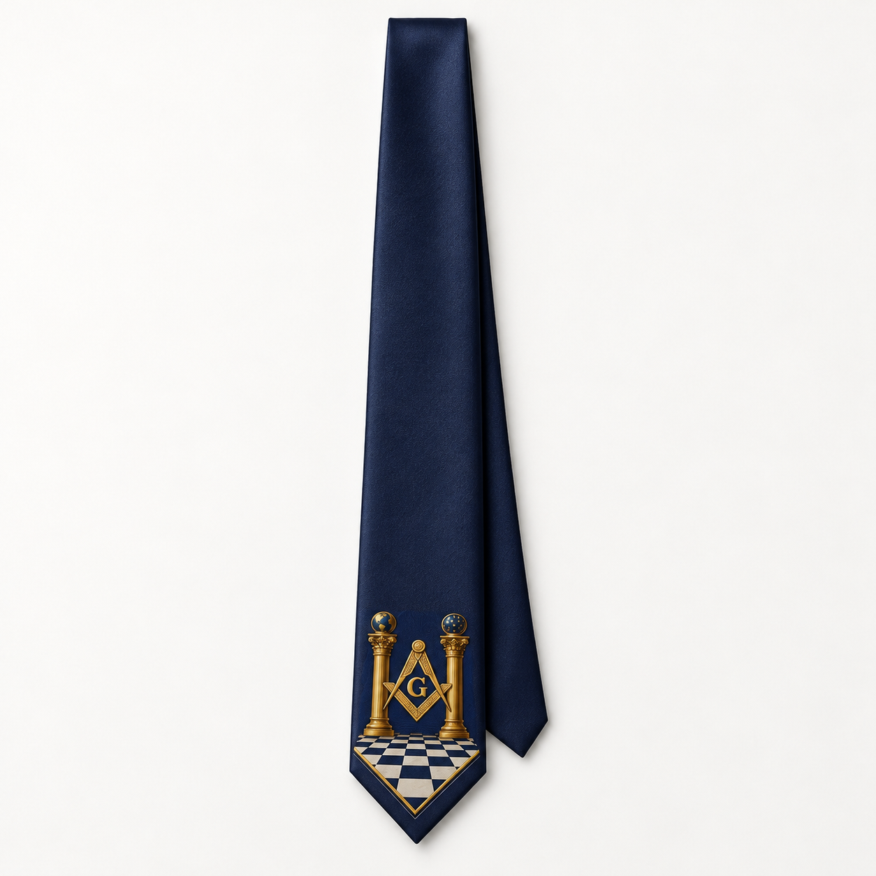 Master Mason Blue Lodge Necktie - Navy Blue Premium Satin Gold Square & Compass With Checkered Floor - Bricks Masons