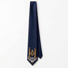 Master Mason Blue Lodge Necktie - Navy Blue Premium Satin Gold Square & Compass With Checkered Floor - Bricks Masons