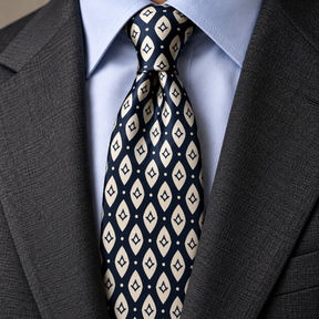 Master Mason Blue Lodge Necktie - Premium Satin Navy Blue & Cream Square & Compass Pattern - Bricks Masons