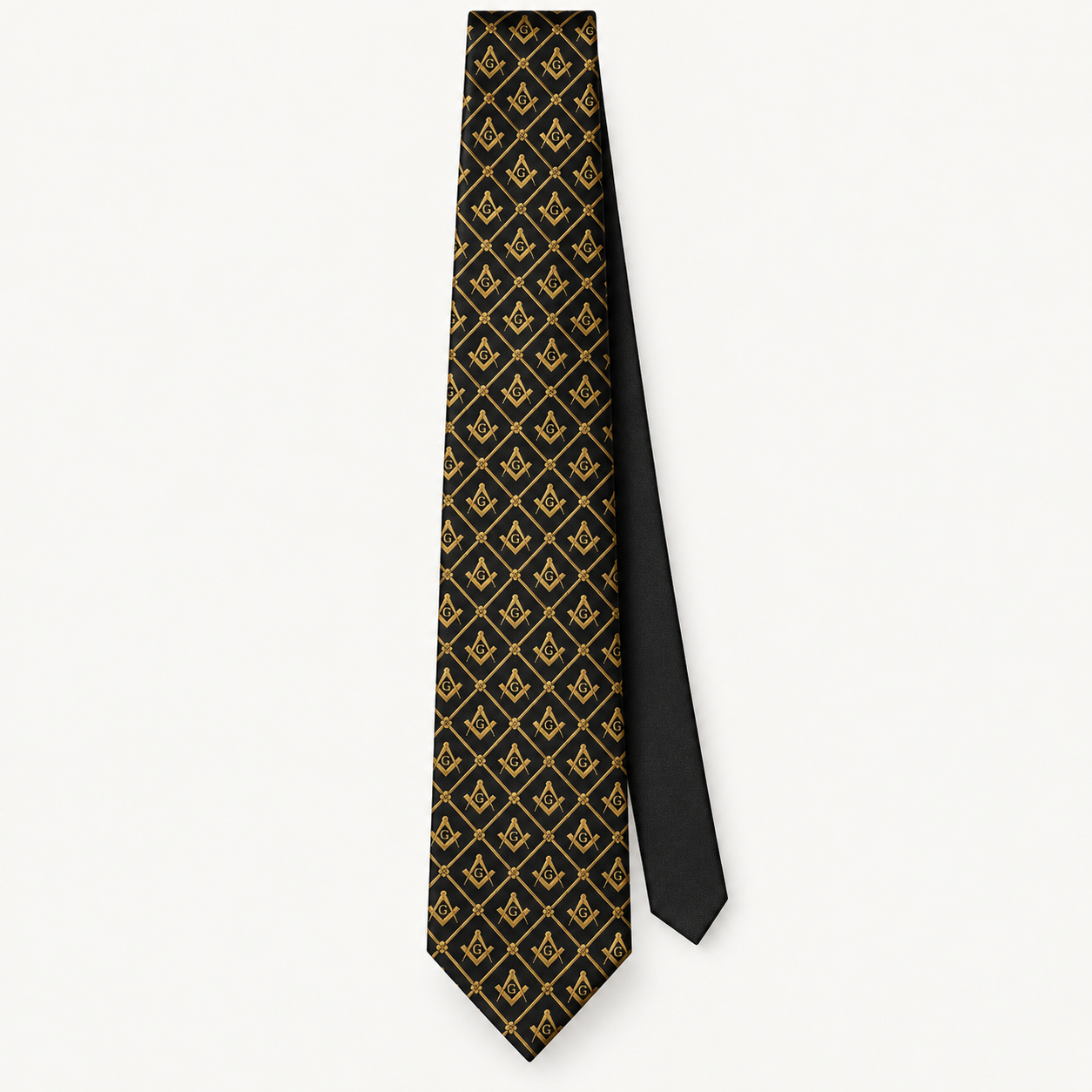 Master Mason Blue Lodge Necktie - Black Premium Satin With Gold Square & Compass G - Bricks Masons