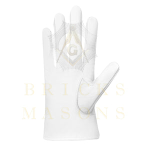 Master Mason Blue Lodge Gloves - White Leather Circular Red Square & Compass G Patch
