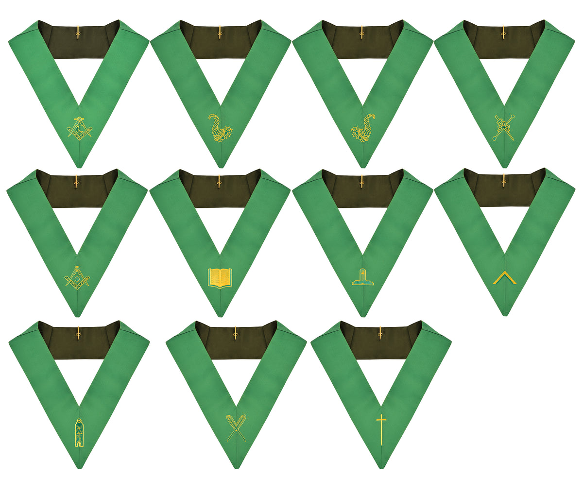 Cerneau Rite Officer Collars Set - Green Ribbon Machine Embroidery - Bricks Masons