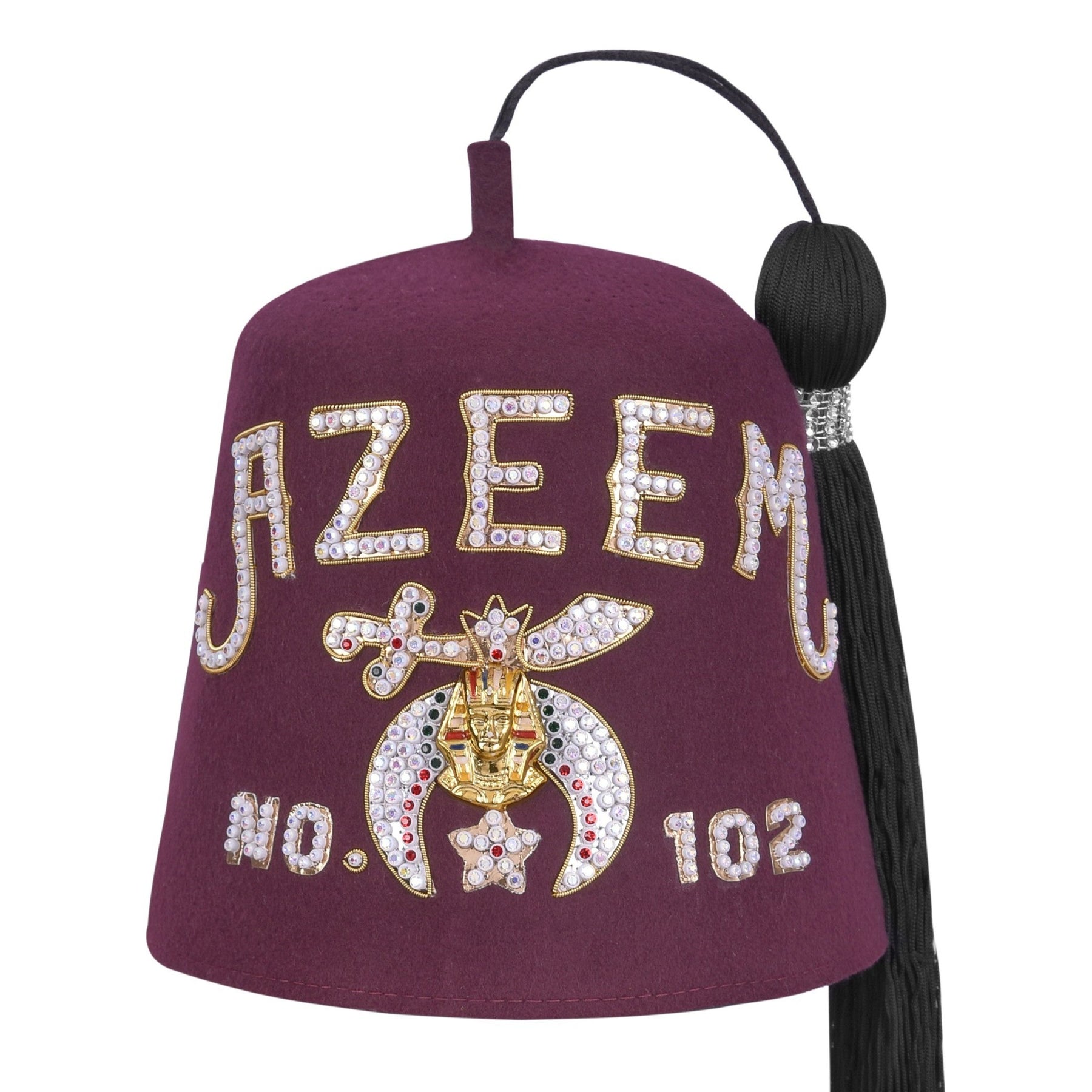 Chapeau Shriners Fez - Lettres strass en laine bordeaux