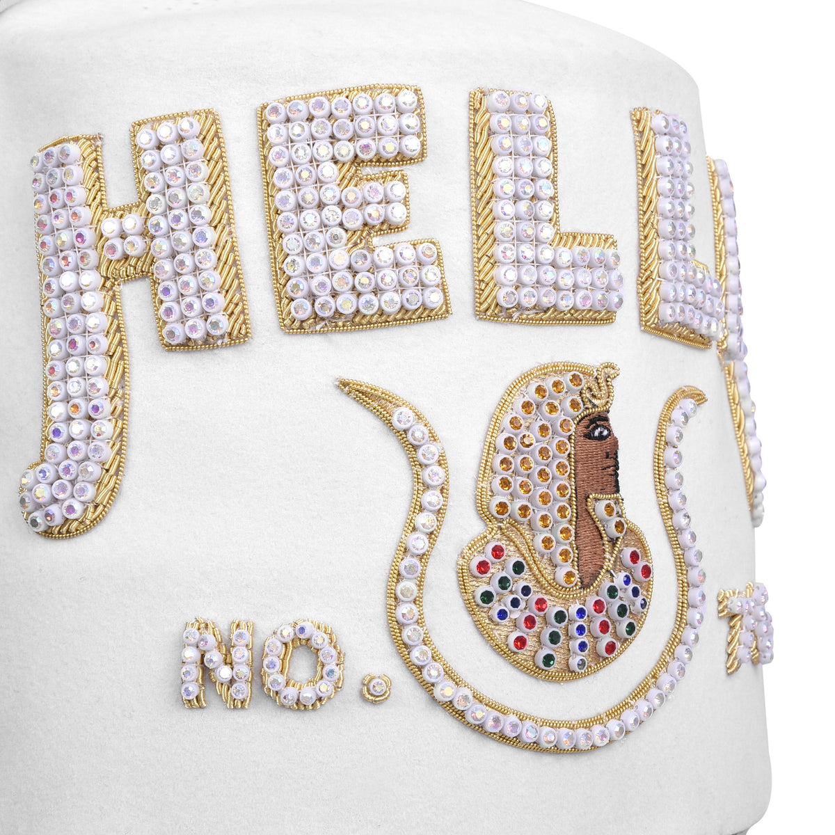 DOI Fez Hat - Pure White & Gold Embroidery With Rhinestones (3 Rows as pictured) - Bricks Masons