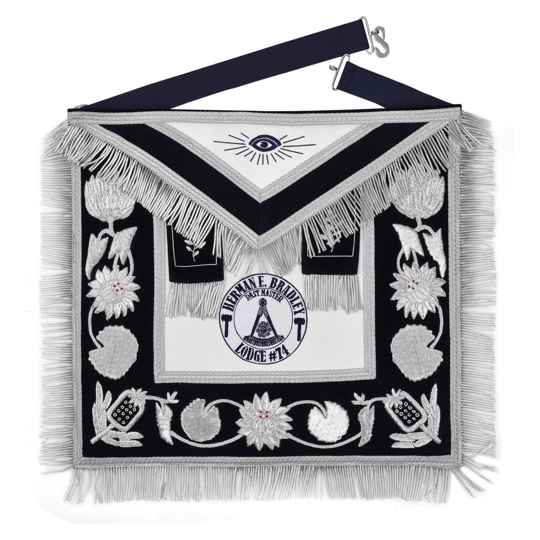 Past Master Blue Lodge Apron - Hand Embroidery Silver Bullion With Blue Velvet - Bricks Masons