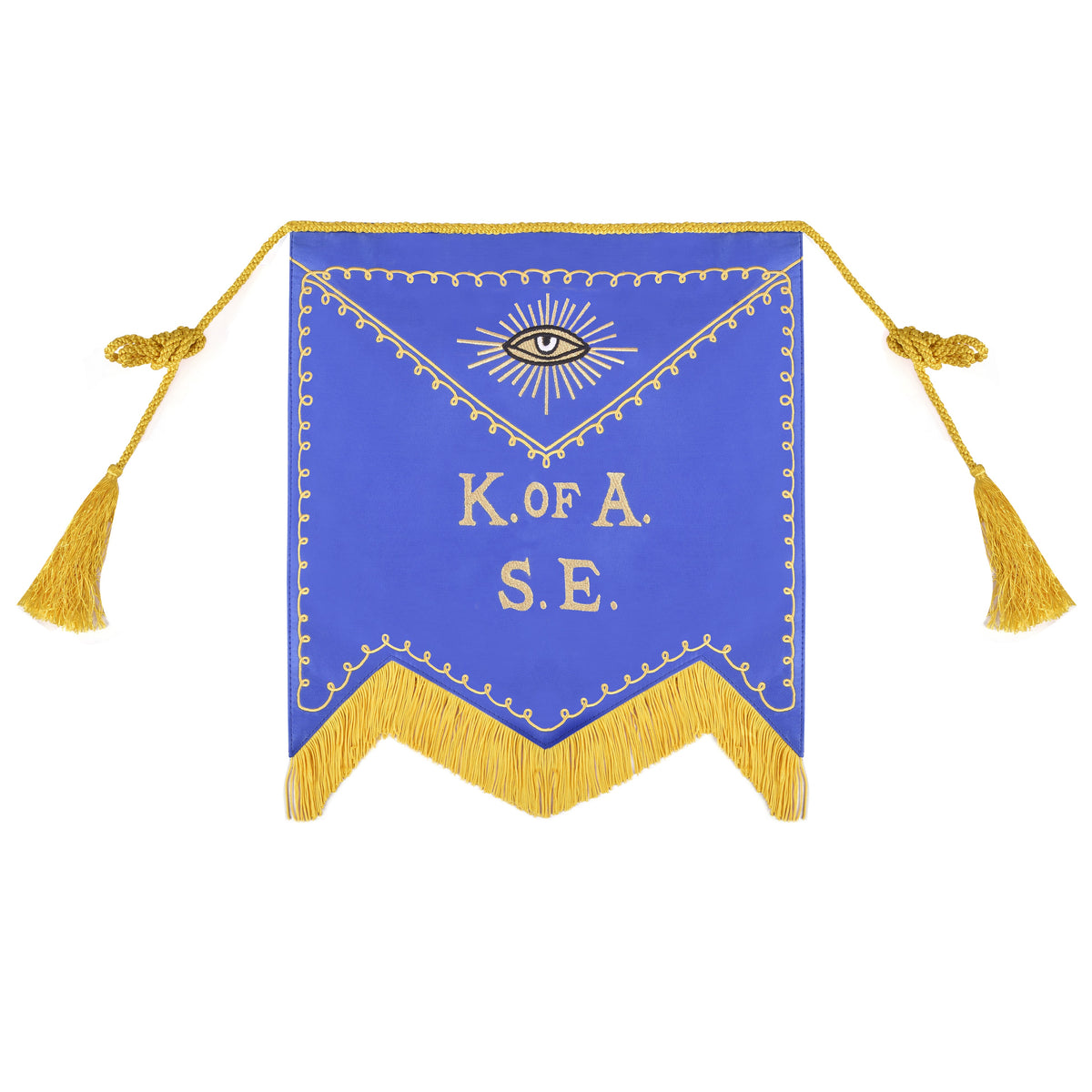 Knights of the All Seeing Eye Apron - Blue Cloth Fabric With Yellow Fringe & Tassels - Bricks Masons