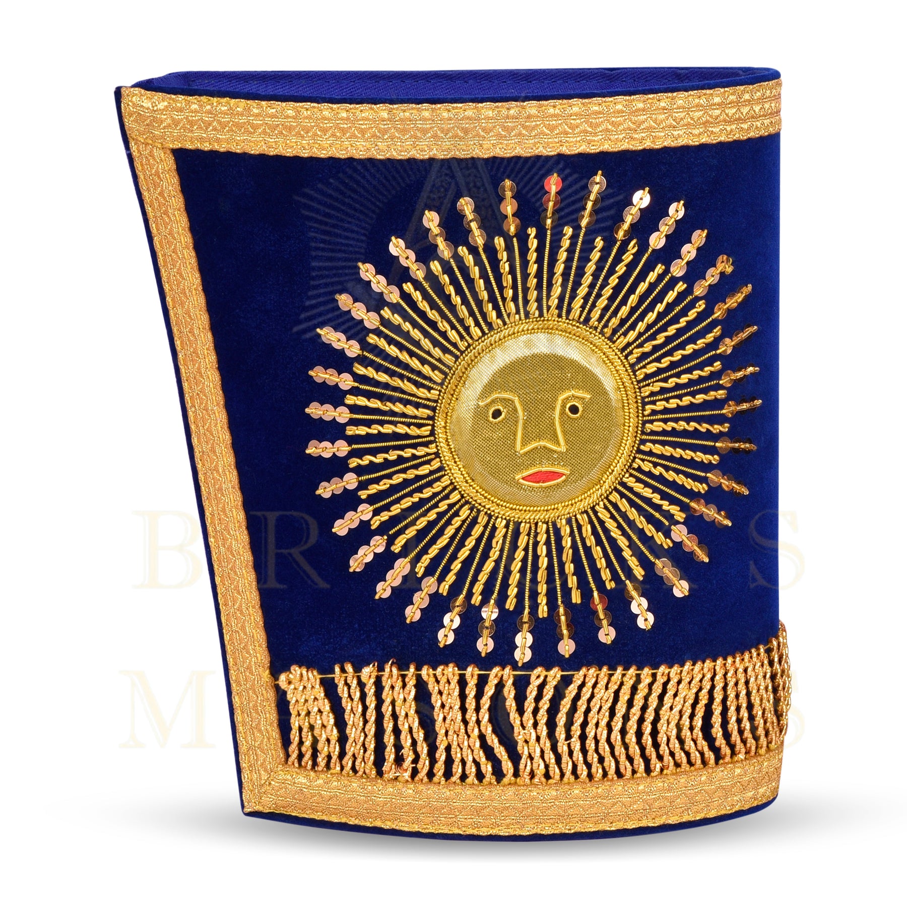 Grand Master Blue Lodge Cuff - Hand-embroidered Gold Sun & Blue Velvet - Bricks Masons
