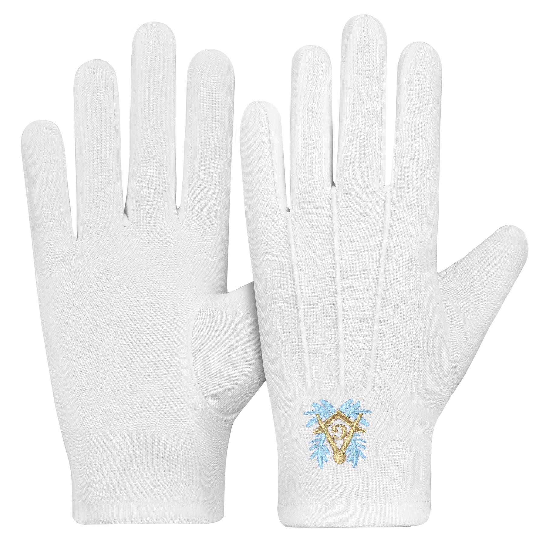 Master Mason Blue Lodge Gloves - Blue & Gold Square and Compass G White Cotton - Bricks Masons