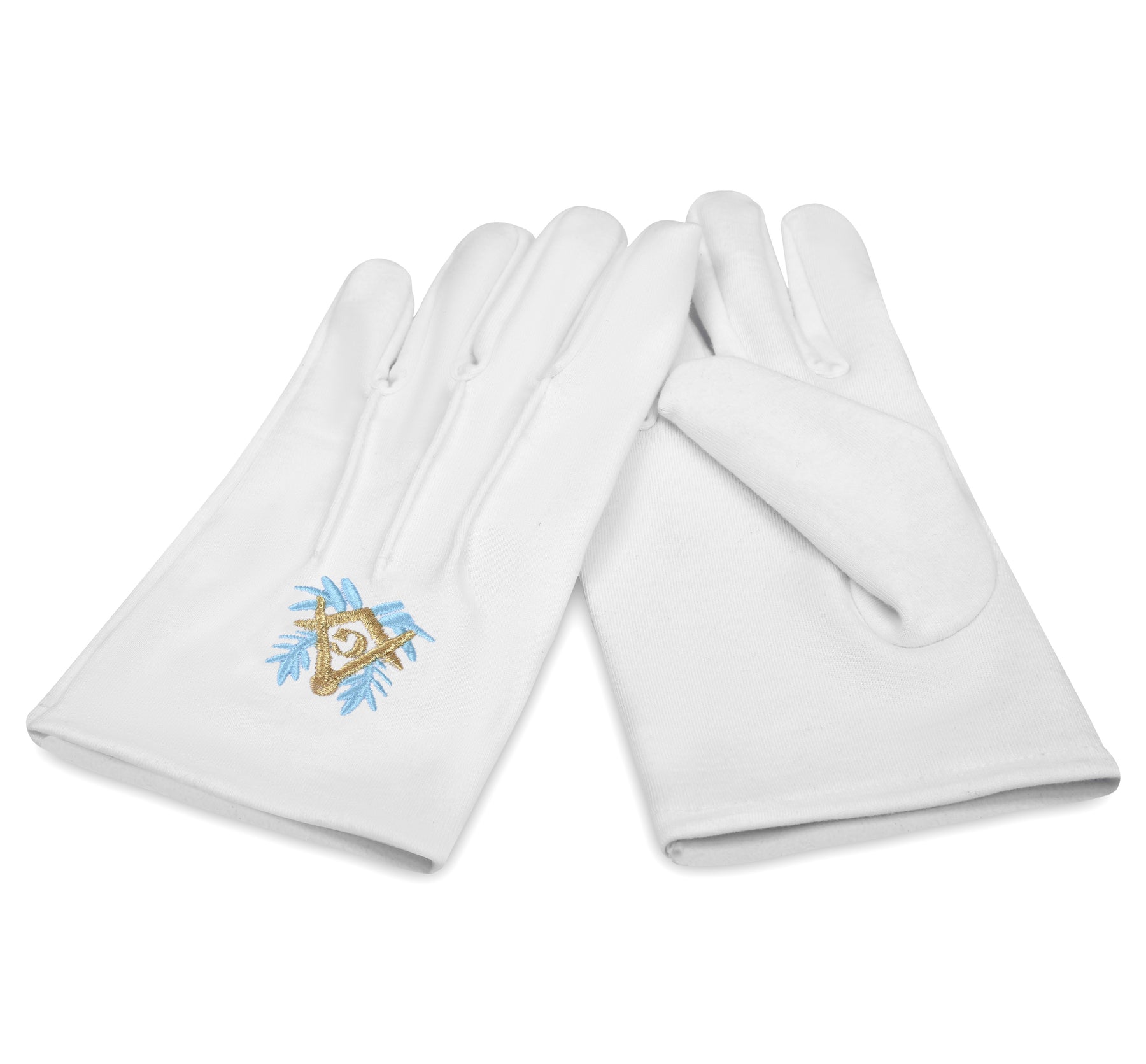 Master Mason Blue Lodge Gloves - Blue & Gold Square and Compass G White Cotton - Bricks Masons