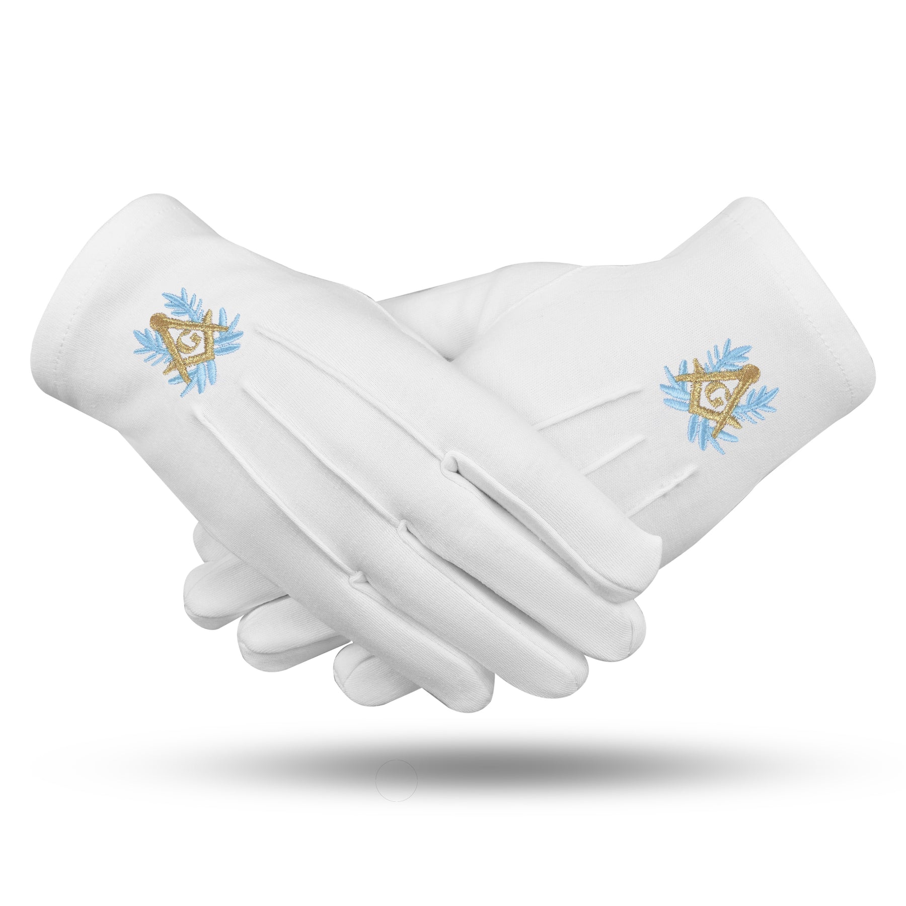 Master Mason Blue Lodge Gloves - Blue & Gold Square and Compass G White Cotton - Bricks Masons