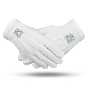 Master Mason Blue Lodge Gloves - Blue & Gold Square and Compass G White Cotton - Bricks Masons