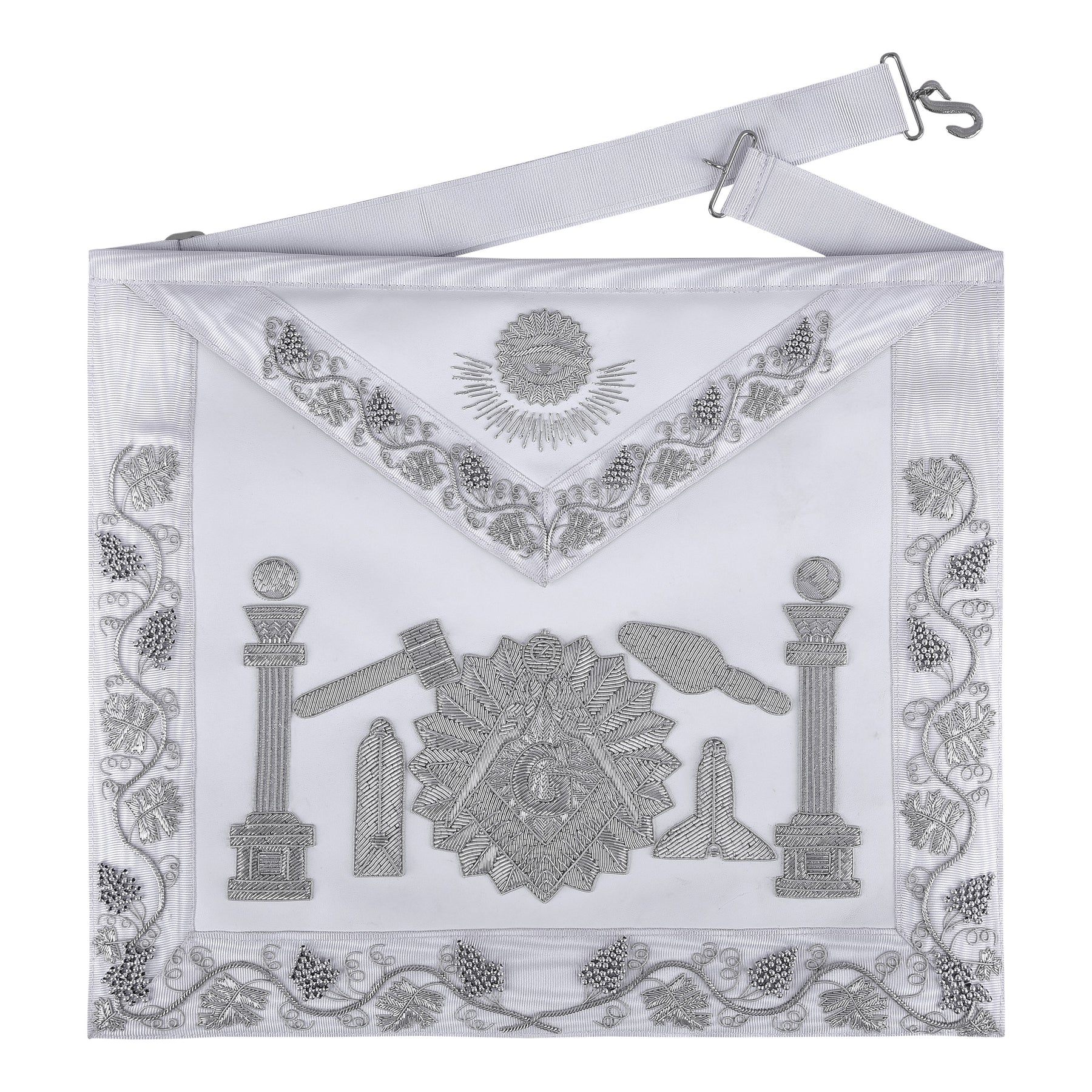 Master Mason Blue Lodge Apron - Silver Bullion Embroidery With Pillars & Tools - Bricks Masons