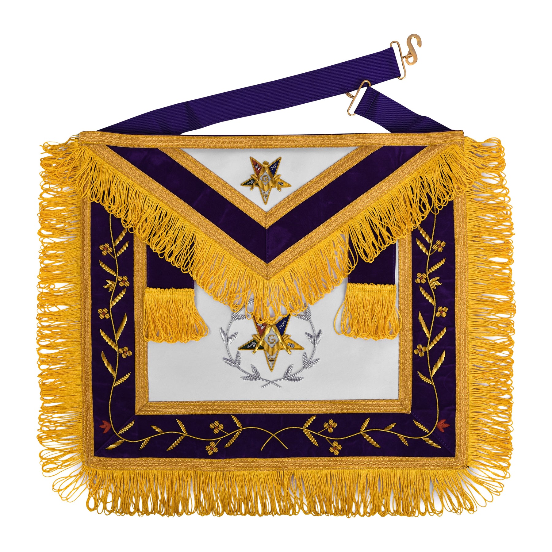 Worthy Patron OES Apron - Purple Velvet With Square & Compass G With Silver Wreath - Bricks Masons