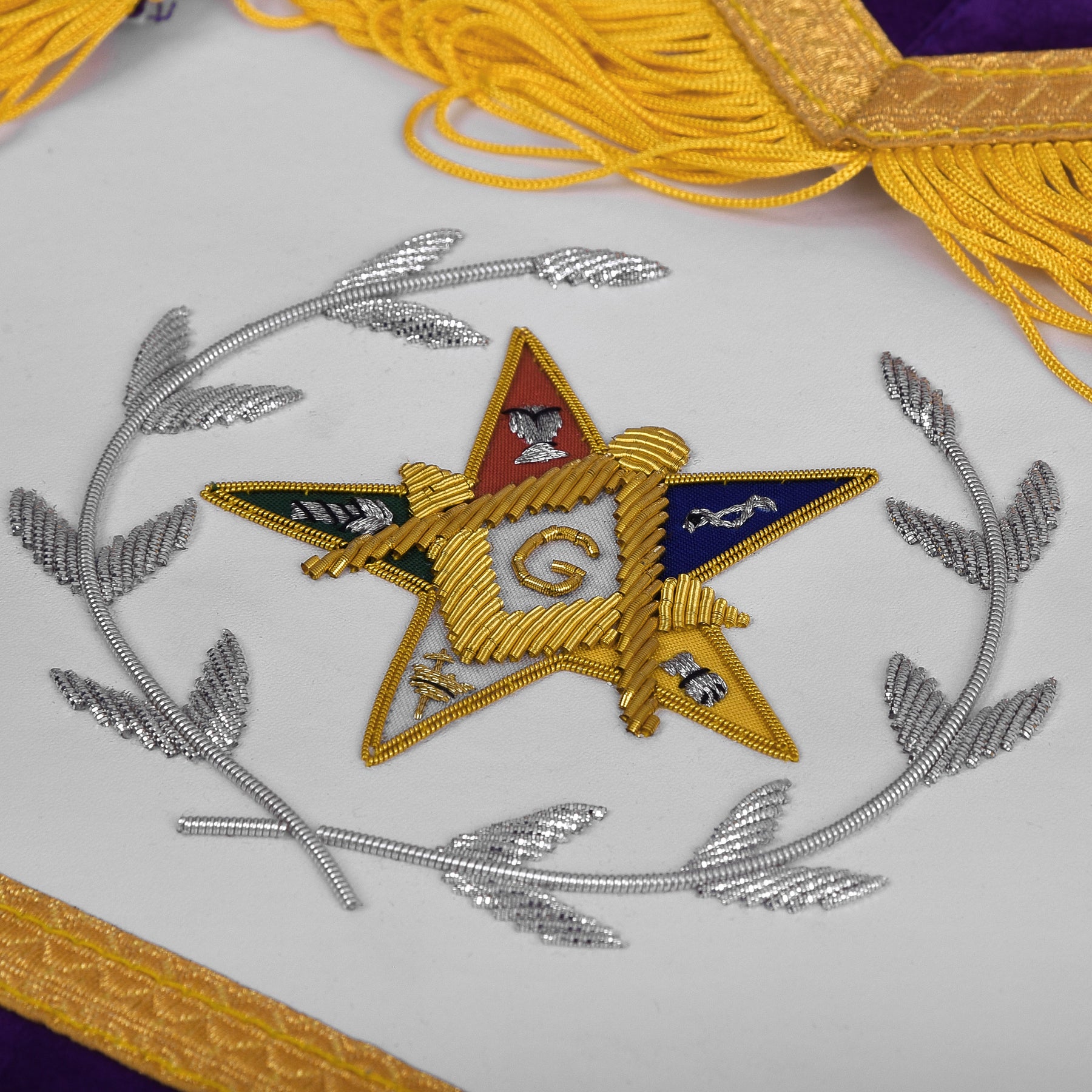 Worthy Patron OES Apron - Purple Velvet With Square & Compass G With Silver Wreath - Bricks Masons