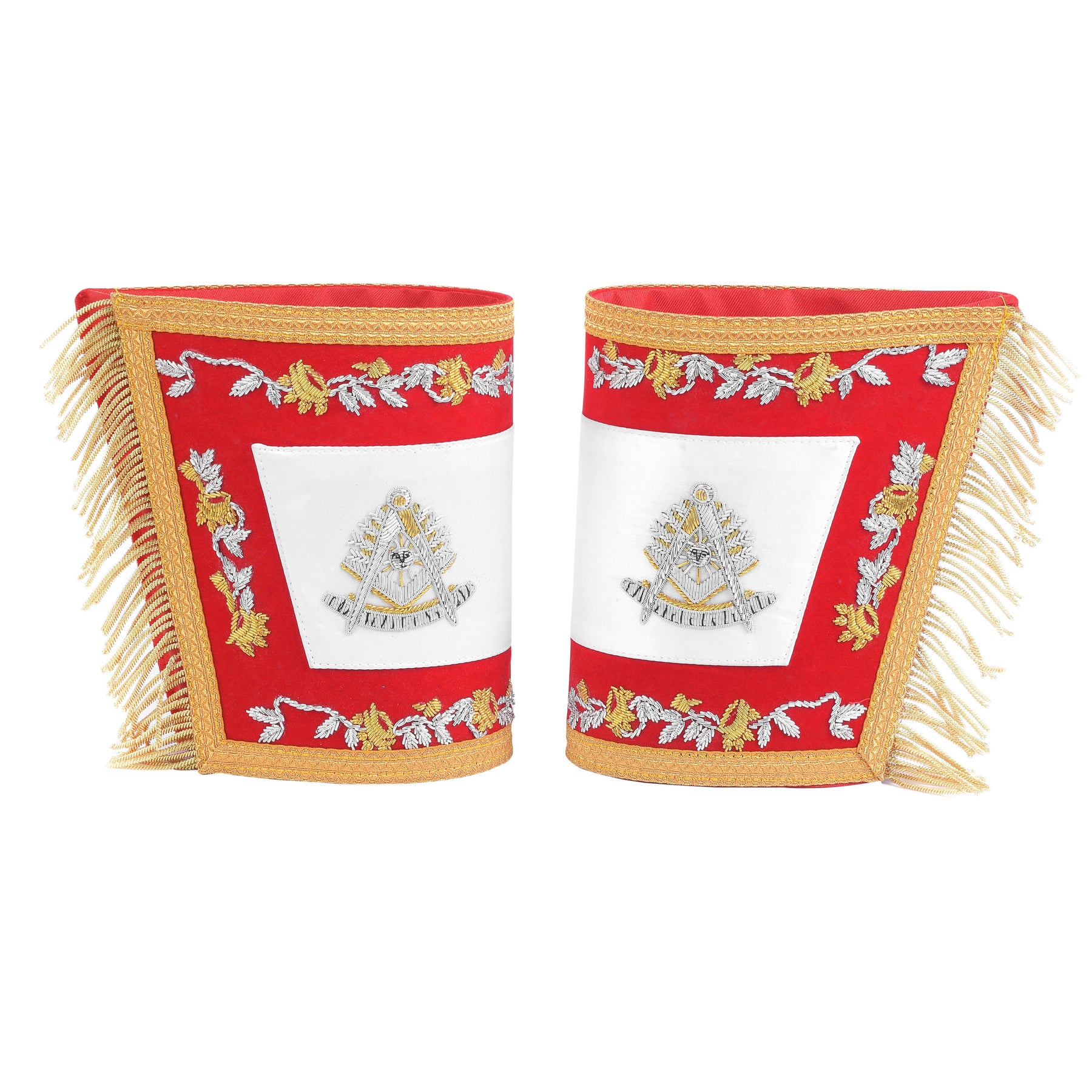 Past Master Blue Lodge California Regulation Cuff - Red Hand Embroidery With Gold Fringe - Bricks Masons