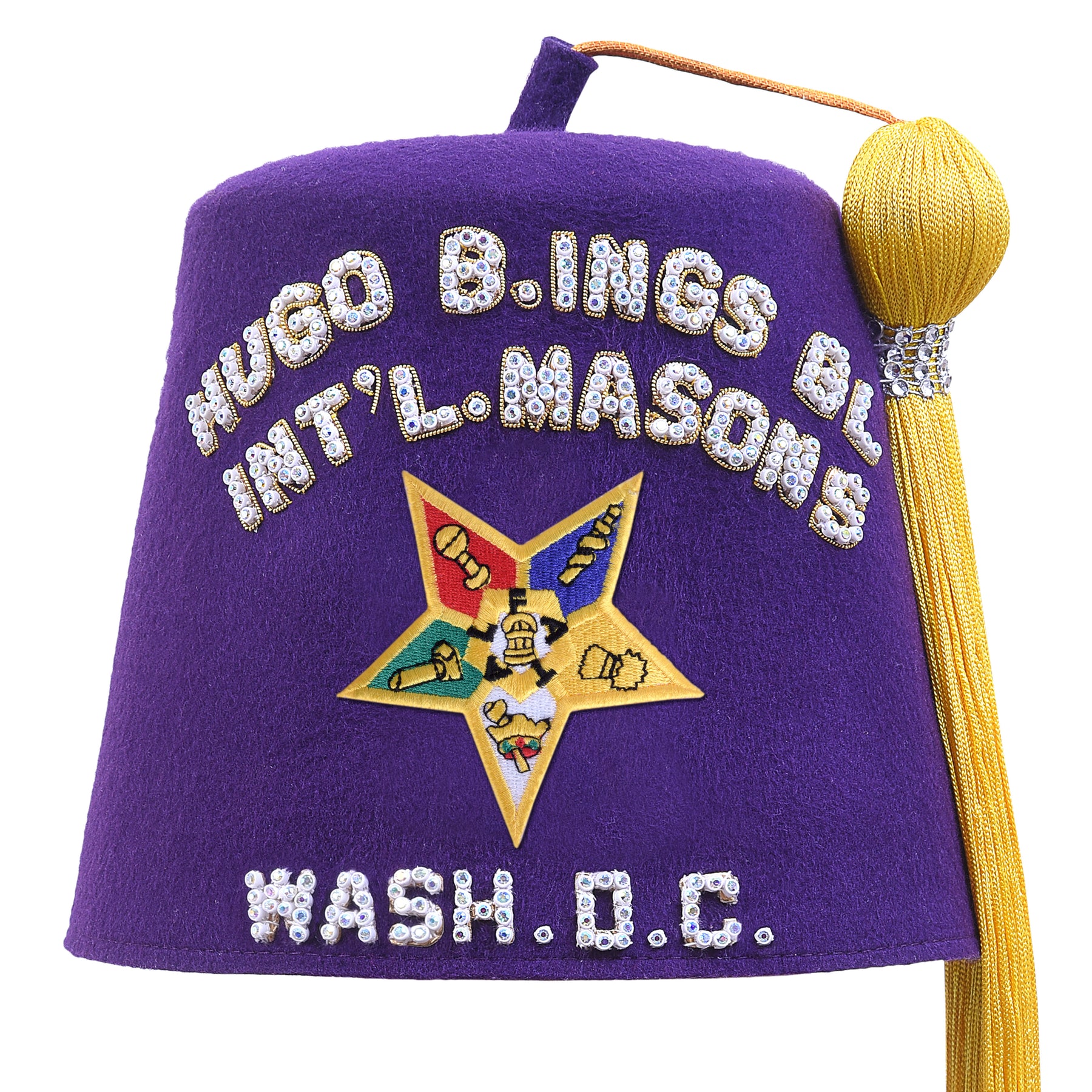 OES Fez Hat - Silk Thread Machine Embroidery And Rhinestones With Purple Background - Bricks Masons