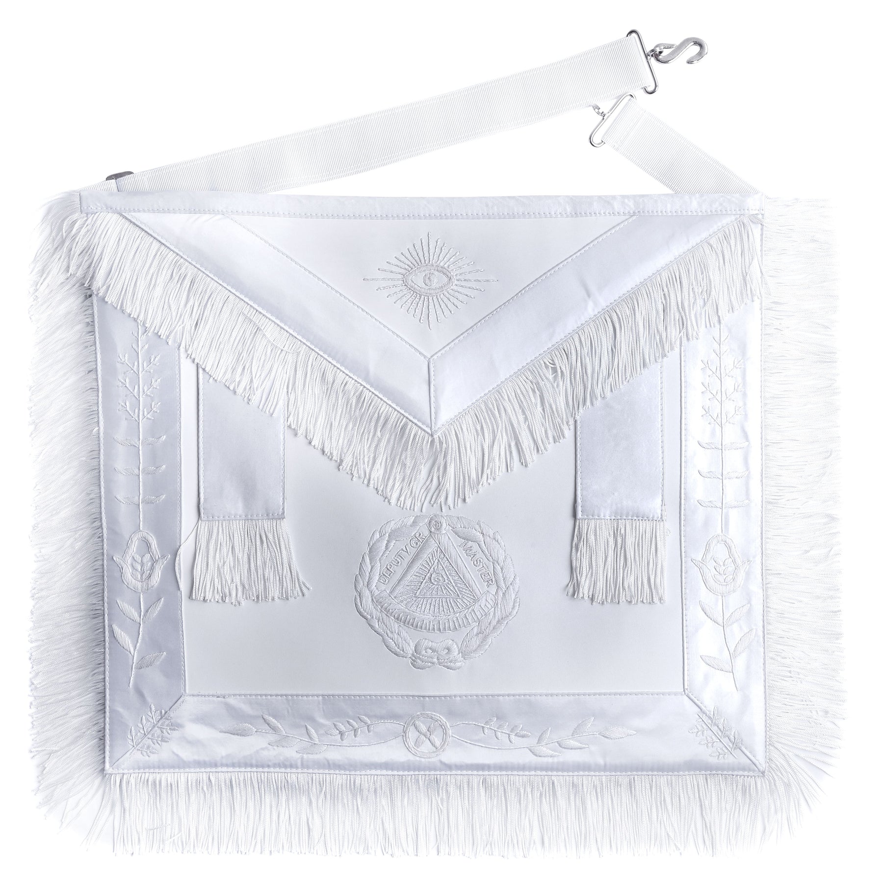 Deputy Grand Master Blue Lodge Apron - All White With Braid & Fringe - Bricks Masons