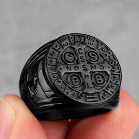 Knights Templar Commandery Ring - Saint Benedict Medal cssml ndsmd Black Silver - Bricks Masons