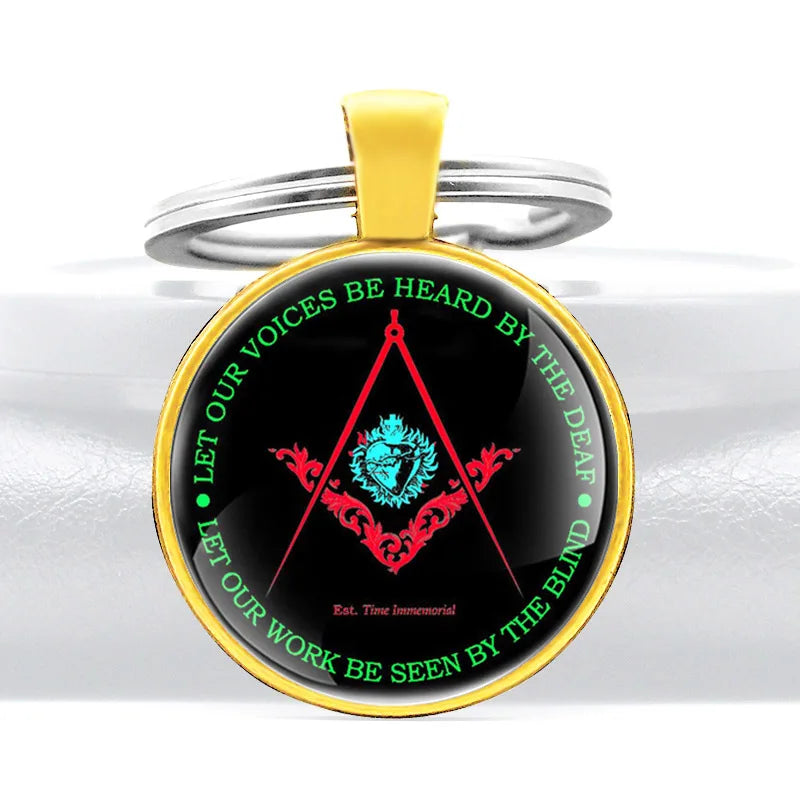Master Mason Blue Lodge Keychain - Let Our Voices Be Heard By The Deaf Blind Design Glass Cabochon - Bricks Masons