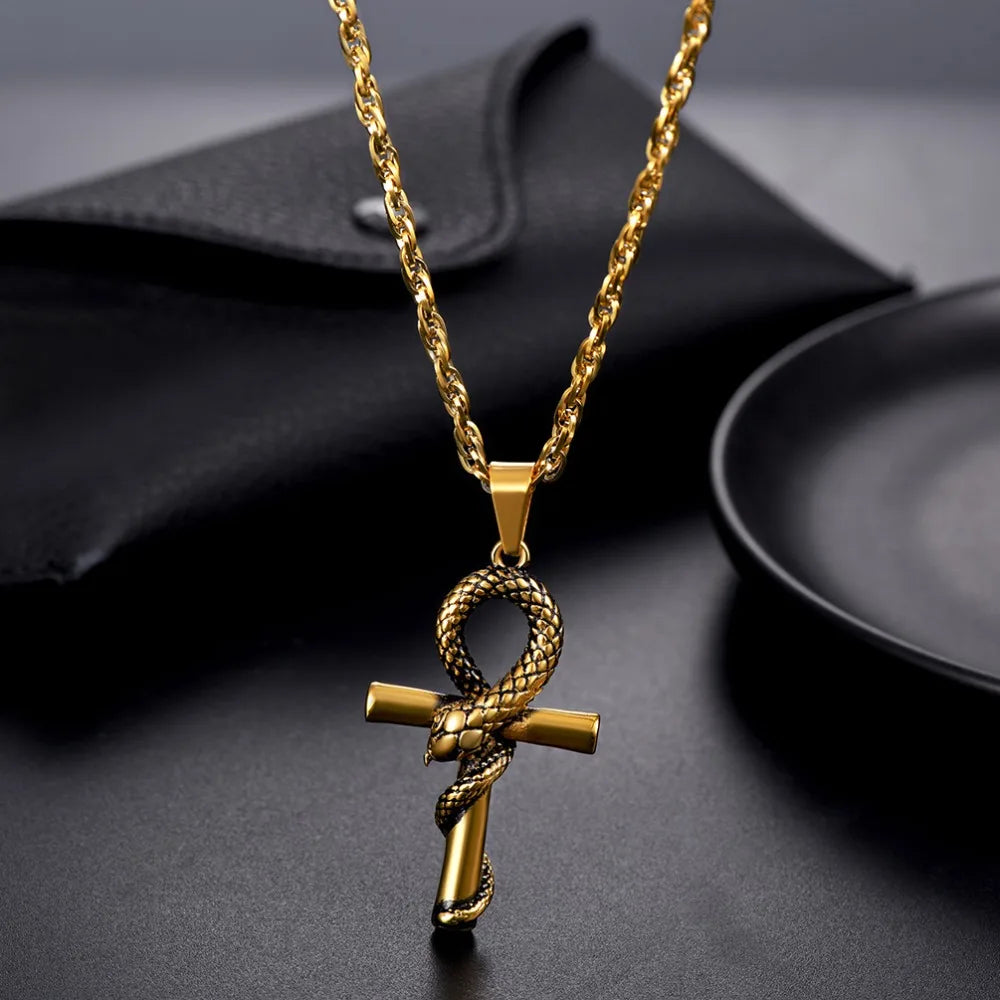 Ancient Egypt Necklace - Ankh Cross With Snake Pendant Stainless Steel - Bricks Masons