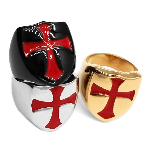 Knights Templar Commandery Ring - Armor Shield Red Cross (Black/Gold/Silver) - Bricks Masons