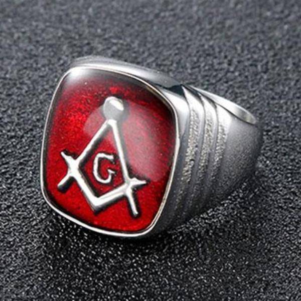 Master Mason Blue Lodge Ring - Casted Square & Compass G Red Stainless Steel