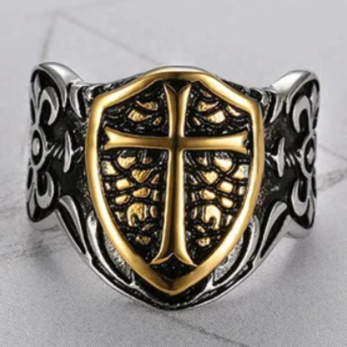 Knights Templar Commandery Ring - Cross Shield Titanium Steel 316L - Bricks Masons