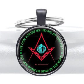 Master Mason Blue Lodge Keychain - Let Our Voices Be Heard By The Deaf Blind Design Glass Cabochon - Bricks Masons