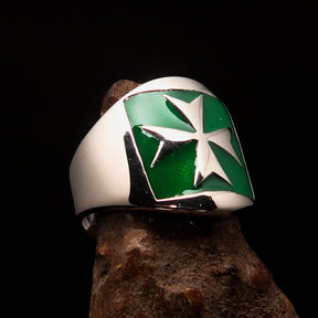 Order of Malta Commandery Ring - Silver & Green Sterling Silver Cross