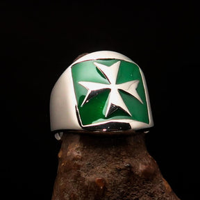 Order of Malta Commandery Ring - Silver & Green Sterling Silver Cross