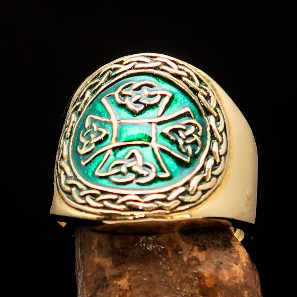 Knights Templar Commandery Ring - Brass Green Celtic Cross