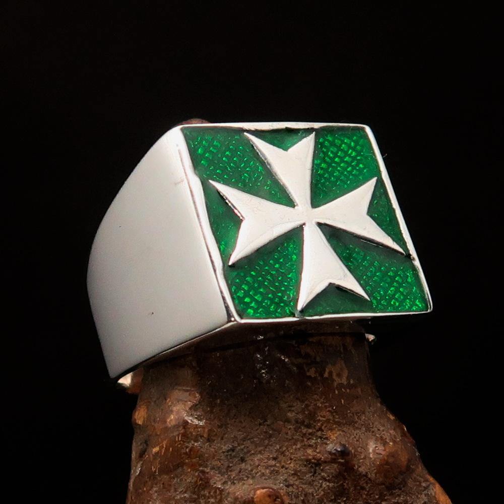 Order of Malta Commandery Ring - Green & Silver Cross Sterling Silver