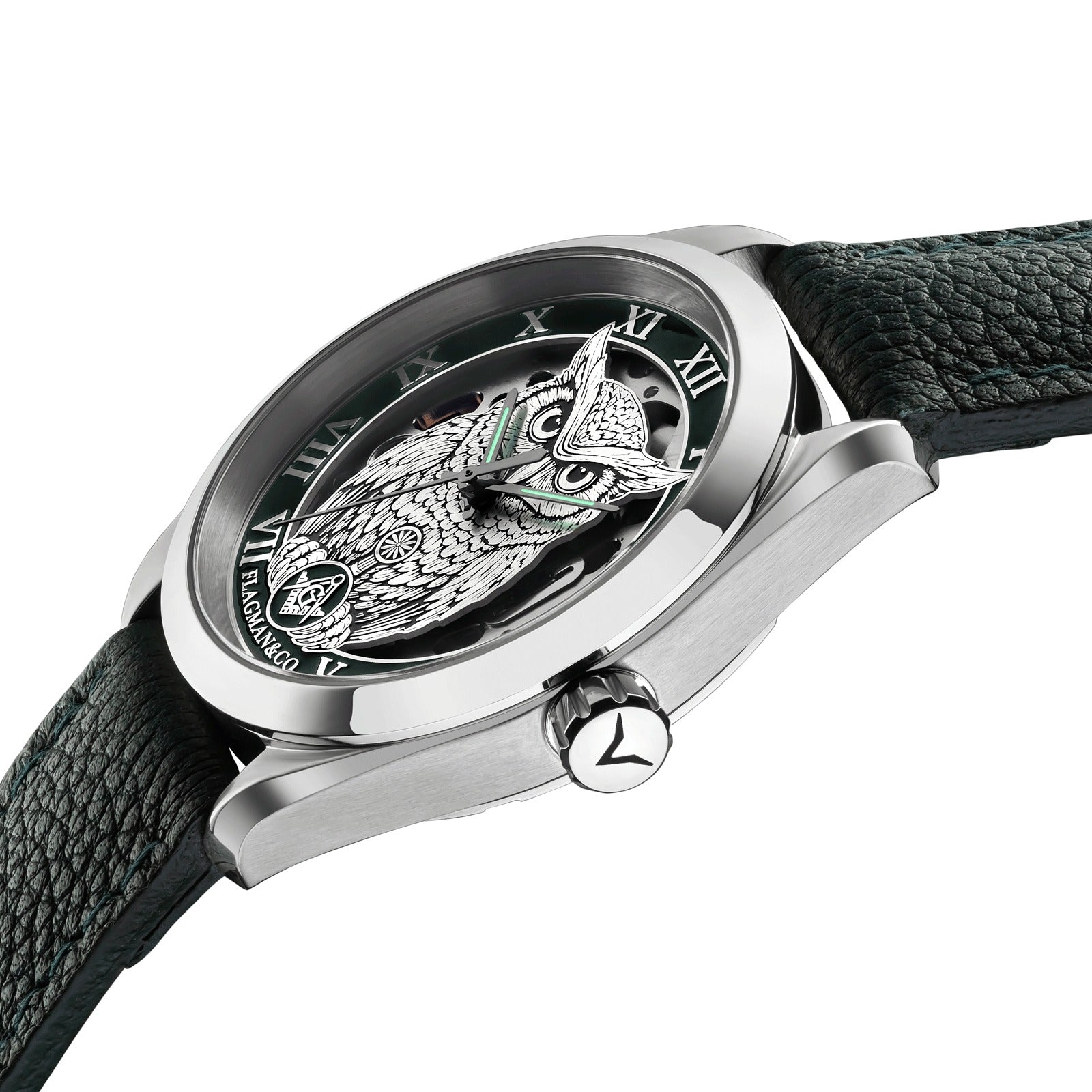 Master Mason Blue Lodge Armbanduhr – Grüne Lünette, Winkelmaß und Zirkel, G mit Eule