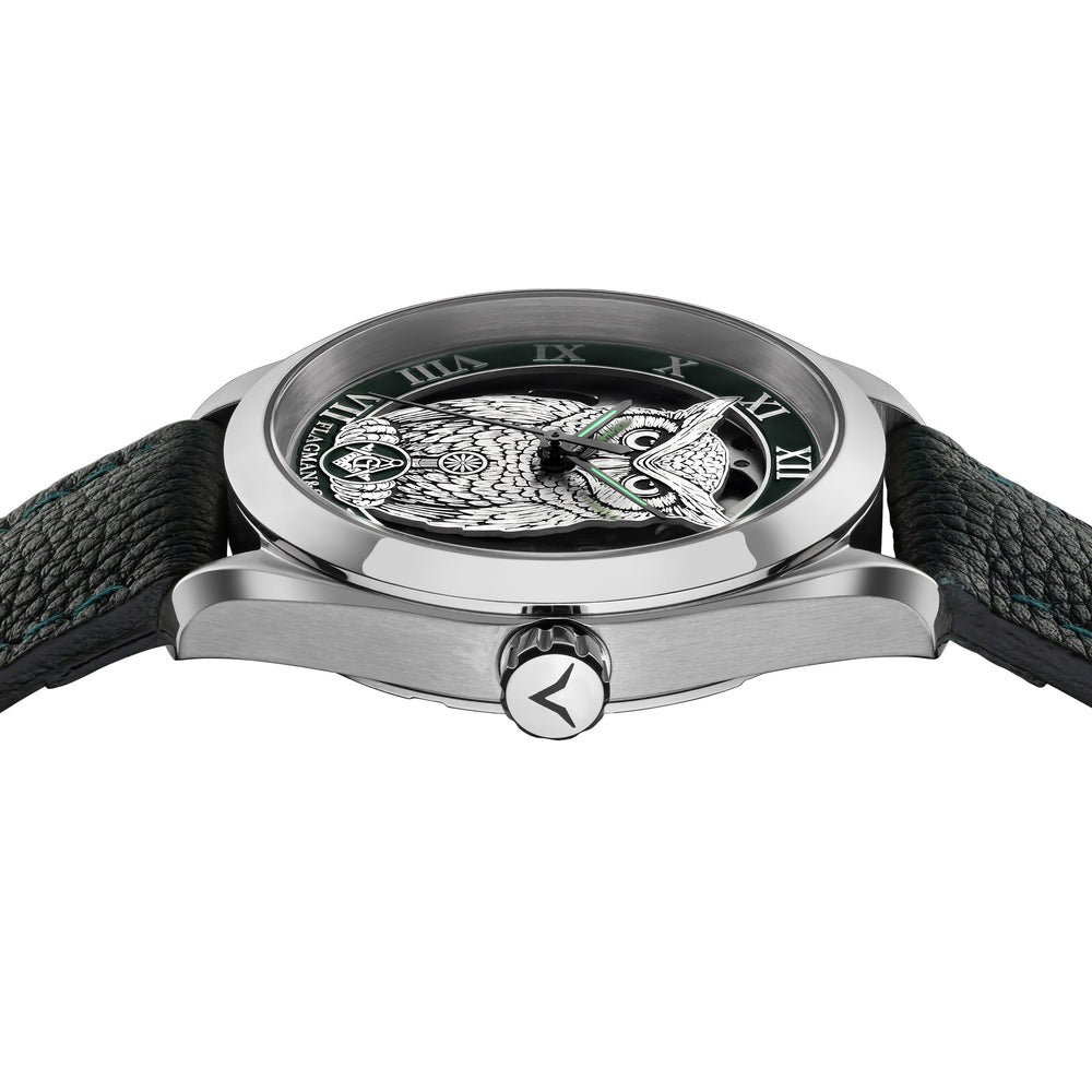 Master Mason Blue Lodge Armbanduhr – Grüne Lünette, Winkelmaß und Zirkel, G mit Eule